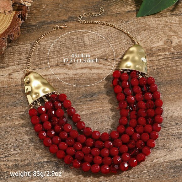 ✨ BOHEMIAN CHIC! Red Beaded Collar Necklace - Multi-Strand Statement & Gold Tone - Picture 2 of 2